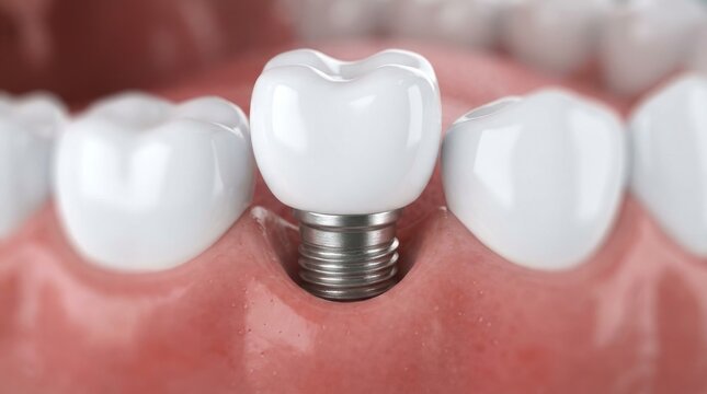 Dental implant crown between two teeth, close up view
