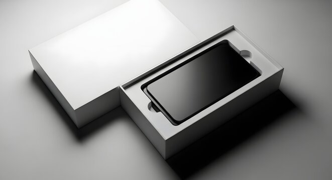White cardboard box with black smartphone inside packaging mobile phone