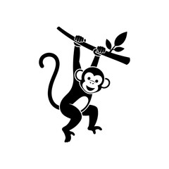 Fototapeta premium Playful monkey hanging from a branch a charming black graphic silhouette