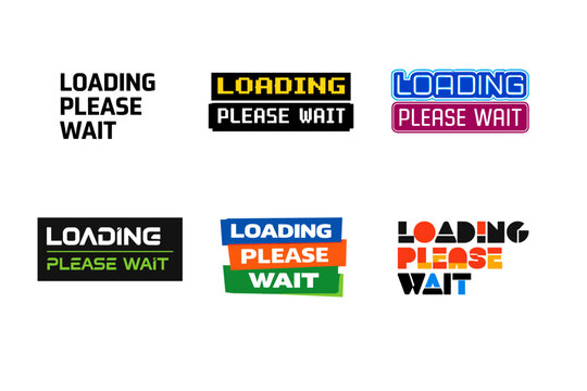 Colorful retro loading please wait designs in various styles