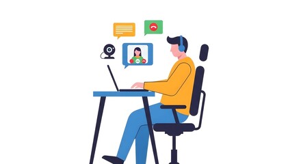 Fototapeta premium Young Man Working at Desk with Laptop and Video Chat