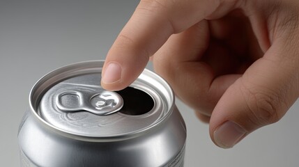 A hand is gripping a can, fingers poised on top to pull the metal tab from the drink lid in preparation for opening