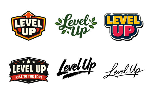 Variety of colorful level up logos in different artistic styles