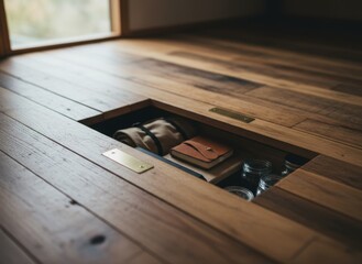 Warm Wood Floor Storage Nook with Rolled Blanket Leather Notebook and Clear Jars in a Cozy Room