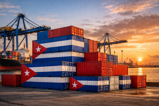 Shipping containers with the Cuban flag. International trade with Cuba, imports and exports.