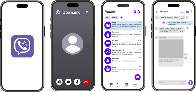 Viber messaging app interface on mobile devices, call screens and social media chats, purple brand digital communication design templates