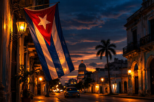 A view of Havana at night and the Cuban flag