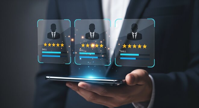 Human Resources Recruitment Technology: Candidate Profile Display with Star Ratings and Progress Bars on Smartphone Screen, Business Recruitment Process Mockup