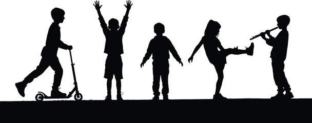 Children silhouettes playing outdoors, kids with scooter jumping dancing and flute music isolated black vector illustration on white background © Fayjun