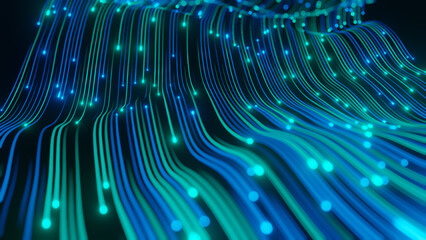 Abstract technology wave of particles. Big data visualization. Dark background with motion green lines 3d rendering