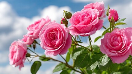 Fototapeta premium Bush filled with pink roses reaches for the bright blue sky while showcasing lush petals and green leaves in a vibrant display