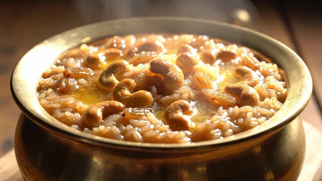 Golden Sweet Rice Porridge Topped with Cashews and Ghee in a Traditional Brass Pot with a Gentle Drizzle of Liquid Gold