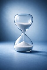 Hourglass with sand flowing from top to bottom on blue background