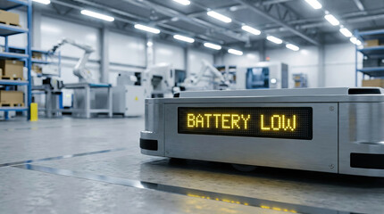 Low battery indicator on automated guided vehicle in modern warehouse with robotic arms and shelves, showing industrial technology and automation efficiency