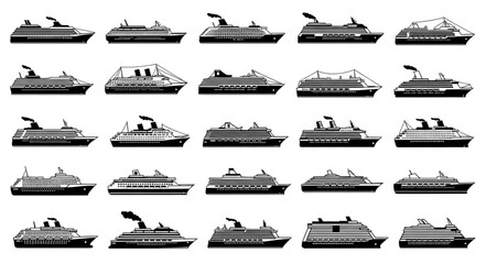Collection of various cruise ships silhouettes, perfect for travel and transportation themes. © Mila