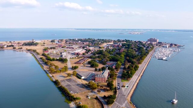 Historic Fort Monroe in Hampton, Virginia, aerial video of the star-shaped stone walls and water-filled moat 