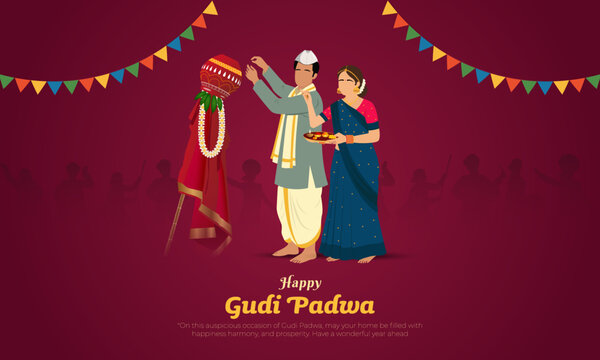 happy Gudi padwa with couples, a Hindu festival celebration gudi padwa Background Design. abstract vector illustration design