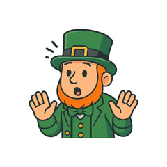Naklejka premium Irish leprechaun surprised reaction. Cartoon leprechaun character in green outfit and hat raising hands with shocked facial expression.