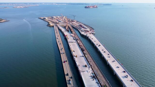 Hampton Roads Bridge Tunnels, Hampton Roads, Virginia, aerial view of the bridge-tunnel expansion project and heavy traffic crossing the Chesapeake Bay.