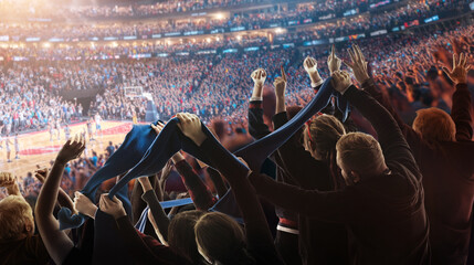 Basketball fans cheering in packed arena with raised scarves and hands in the air. Concept of live sports atmosphere, crowd energy and championship event experience. © Lustre Art Group 