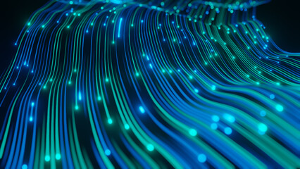 Abstract technology wave of particles. Big data visualization. Dark background with motion green lines 3d rendering © Lenur