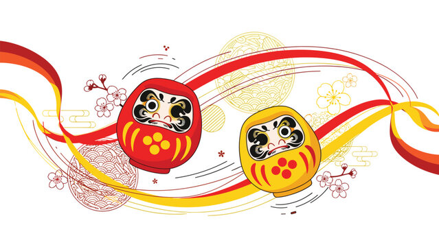 Two traditional Japanese Daruma dolls in red and yellow floating amidst flowing ribbons and cherry blossom motifs in a vibrant design.