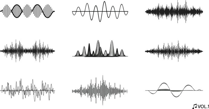 Set of audio waveform and sound frequency vector icons including digital signals, music pulses, radio waves, and equalizer levels for podcasting and studio production.