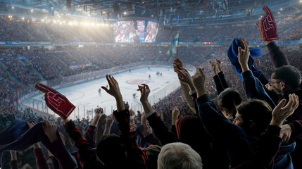 Ice hockey fans celebrating in modern indoor arena with rink and scoreboard view. Concept of winter sports championship atmosphere and high energy live event experience. © Lustre Art Group 