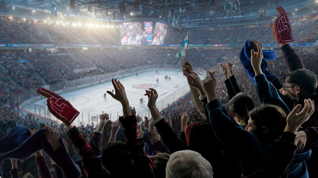 Ice hockey fans celebrating in modern indoor arena with rink and scoreboard view. Concept of winter sports championship atmosphere and high energy live event experience.