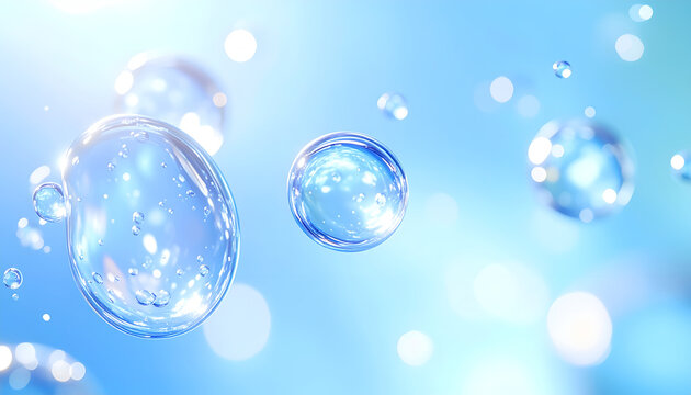 Abstract image of water molecules. Bubbles and spheres of light blue, representing molecules and atoms, with connecting lines, against a light blue backdrop. Delicate, scientific visual