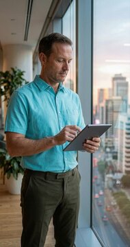 Man examines tablet near window with cityscape background