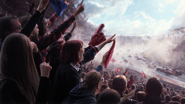 Motorsport fans cheering during race in crowded circuit grandstand as cars speed through turn. Concept of high speed competition, adrenaline atmosphere and large scale sports entertainment event.