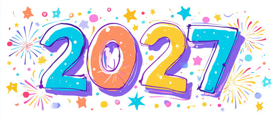 Fototapeta premium Número 2027 colorido com elementos festivos representando celebração, ano novo, esperança, planejamento, metas e expectativas para o futuro.