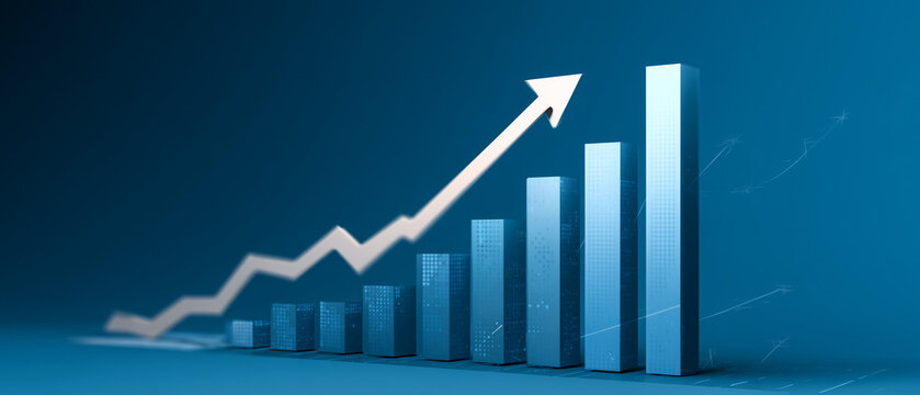 Indicadores econ&ocirc;micos com linha ascendente representando valoriza&ccedil;&atilde;o de mercado, investimentos e expans&atilde;o corporativa.