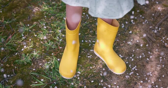 Child in Yellow Rain Boots Standing on over fresh Green Grass and Falling Spring Flower Petals on Ground, beautiful springtime in the countryside