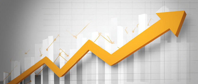 Gr&aacute;fico de barras com seta ascendente representando crescimento financeiro, sucesso empresarial e aumento de resultados, conceito de economia, investimentos e desenvolvimento de neg&oacute;cios