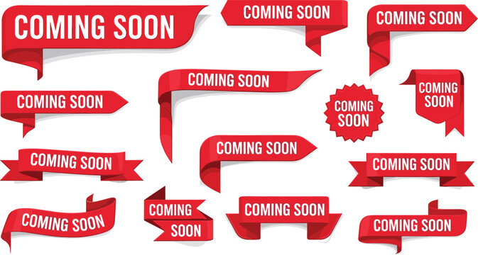 Collection of red 3d realistic coming soon ribbons and banners set with various shapes and folds for website launch announcement and promotional marketing teaser isolated on white.