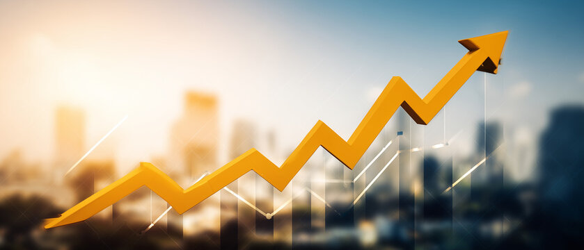 Gr&aacute;fico com seta ascendente sobre fundo urbano representando crescimento econ&ocirc;mico, expans&atilde;o de neg&oacute;cios e desenvolvimento financeiro em ambiente moderno