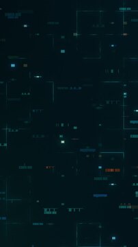 animation of a futuristic tech background with random geometric elements and numbers, vertical video (3d render)