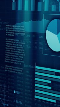sheets with numbers and financial charts scrolling on screen, concept of business and finance, vertical video (3d render)