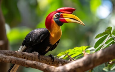 Helmeted Hornbill Perched on Branch in Lush Green Environment
