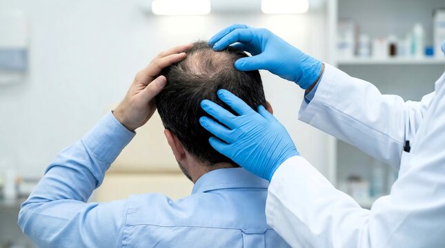 Dermatologist in blue gloves examines a balding man's scalp during a professional hair loss consultation appointment.
