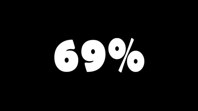 69% Text Animation on Black Background. White 69 percent text on black background