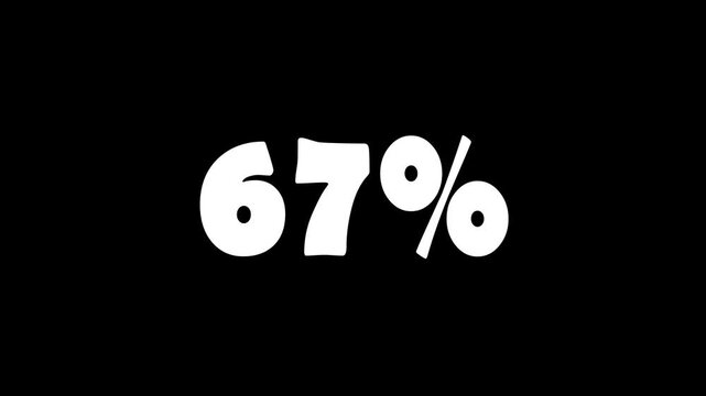 67% Text Animation on Black Background. White 67 percent text on black background
