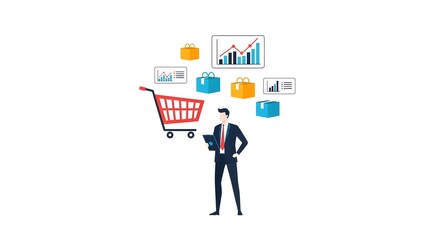 Professional Businessman Analyzing Data with Shopping Cart Icon