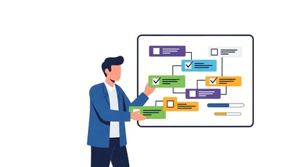 Professional Man Presenting Multicolor Flow Chart on Whiteboard