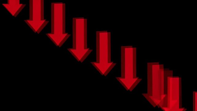 Business crisis motion graphic of descending red arrows on black background, symbolizing decline