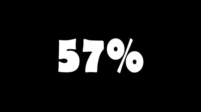 57% Text Animation on Black Background. White 57 percent text on black background