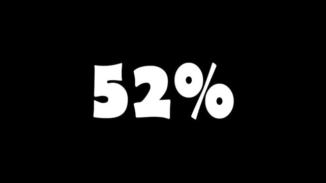 52% Text Animation on Black Background. White 52 percent text on black background