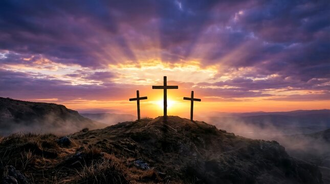 Three crosses on calvary hill at sunset with dramatic sky